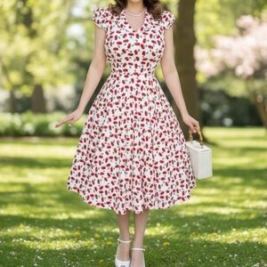 New Hearts & Roses Cherry Print Pinup Rockabilly Swing Dress SZ 12 White + Red